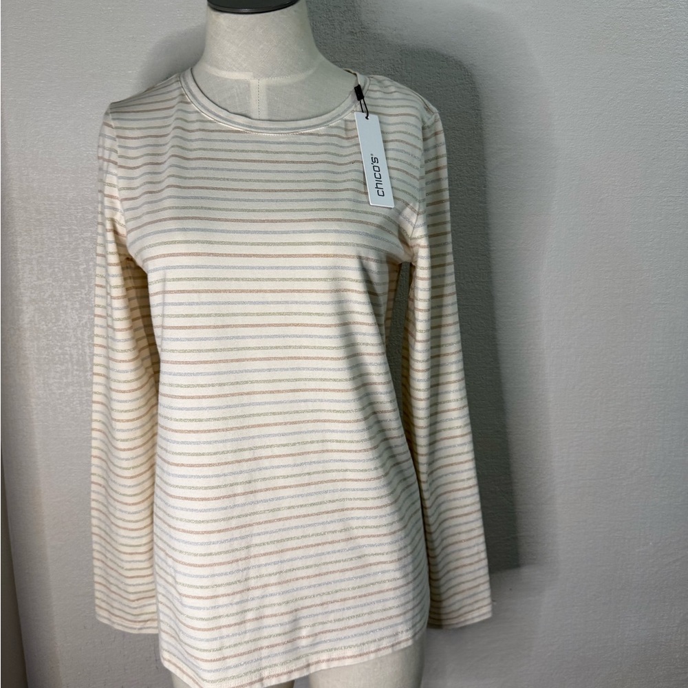Chico's Cream and Pink Striped Long Sleeve Top